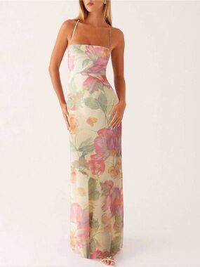 SHEIN Pastel Floral Strapless Maxi Dress in Pink and Green